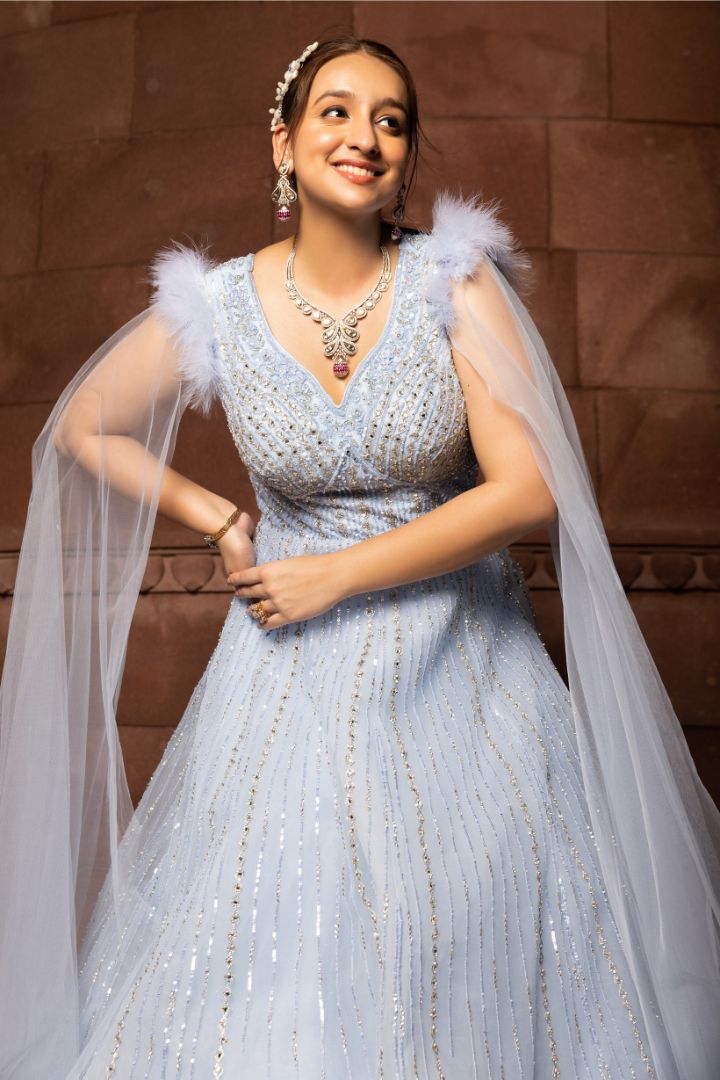 Ice Blue Crystal Embellished Cape Gown