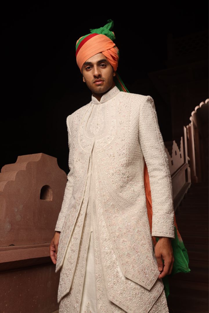 Royal Ivory Powder Pink Embellished Sherwani Set