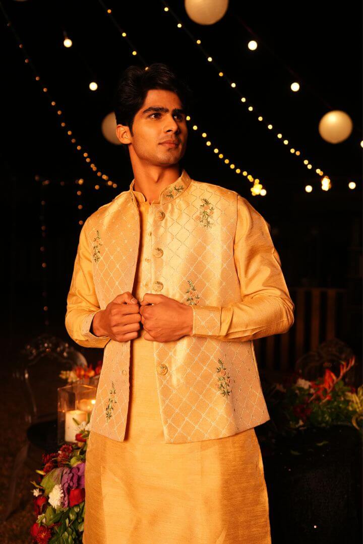Golden Beige Floral Embroidered Nehru Jacket Kurta Set