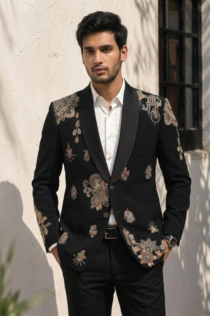 Black Paisley Heritage Embroidered Tuxedo Blazer