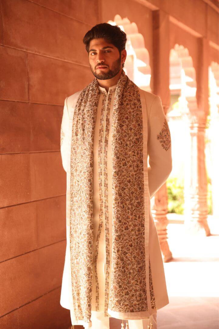 Ivory Sherwani Set with Heritage Floral Stole