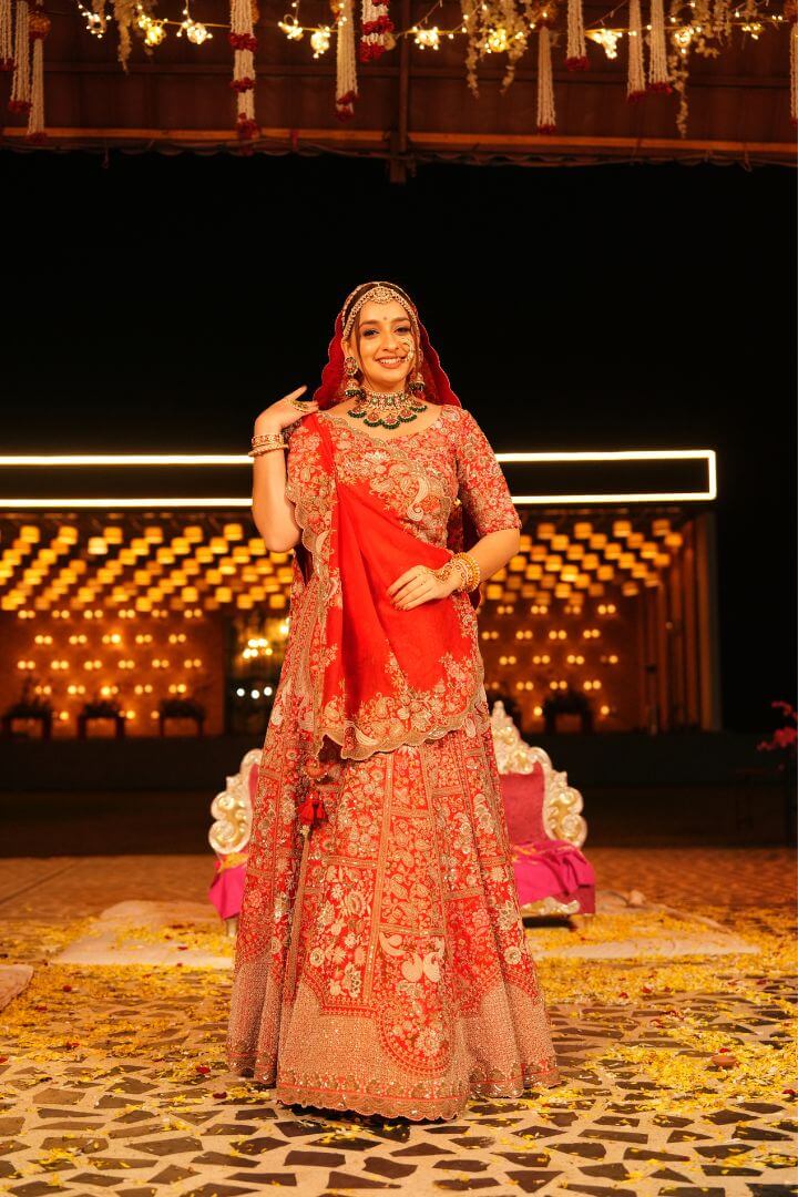 Tomato Red Embellished Bridal Lehenga Set