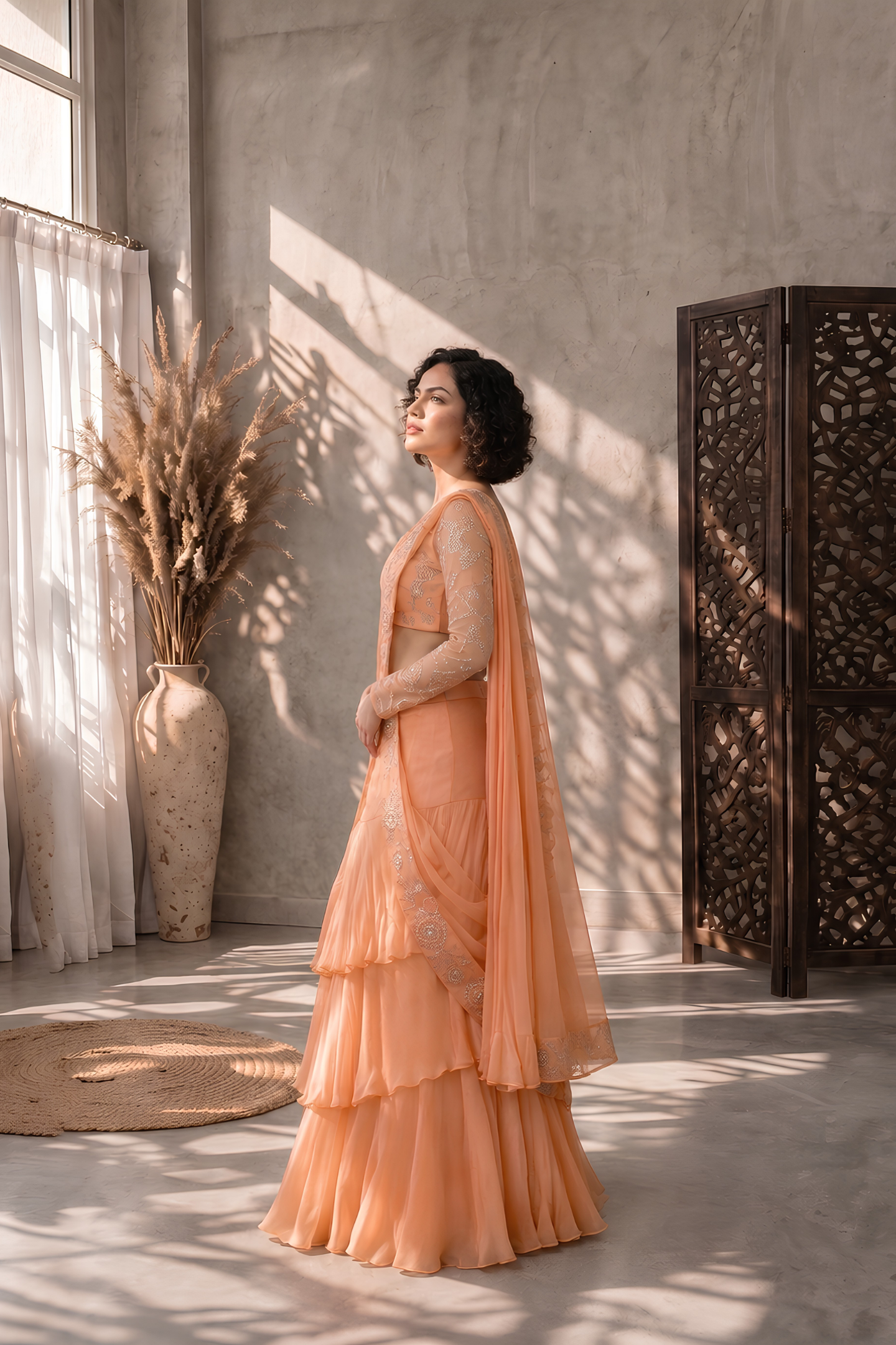 Peach Tiered Embroidered Drape Lehenga Set