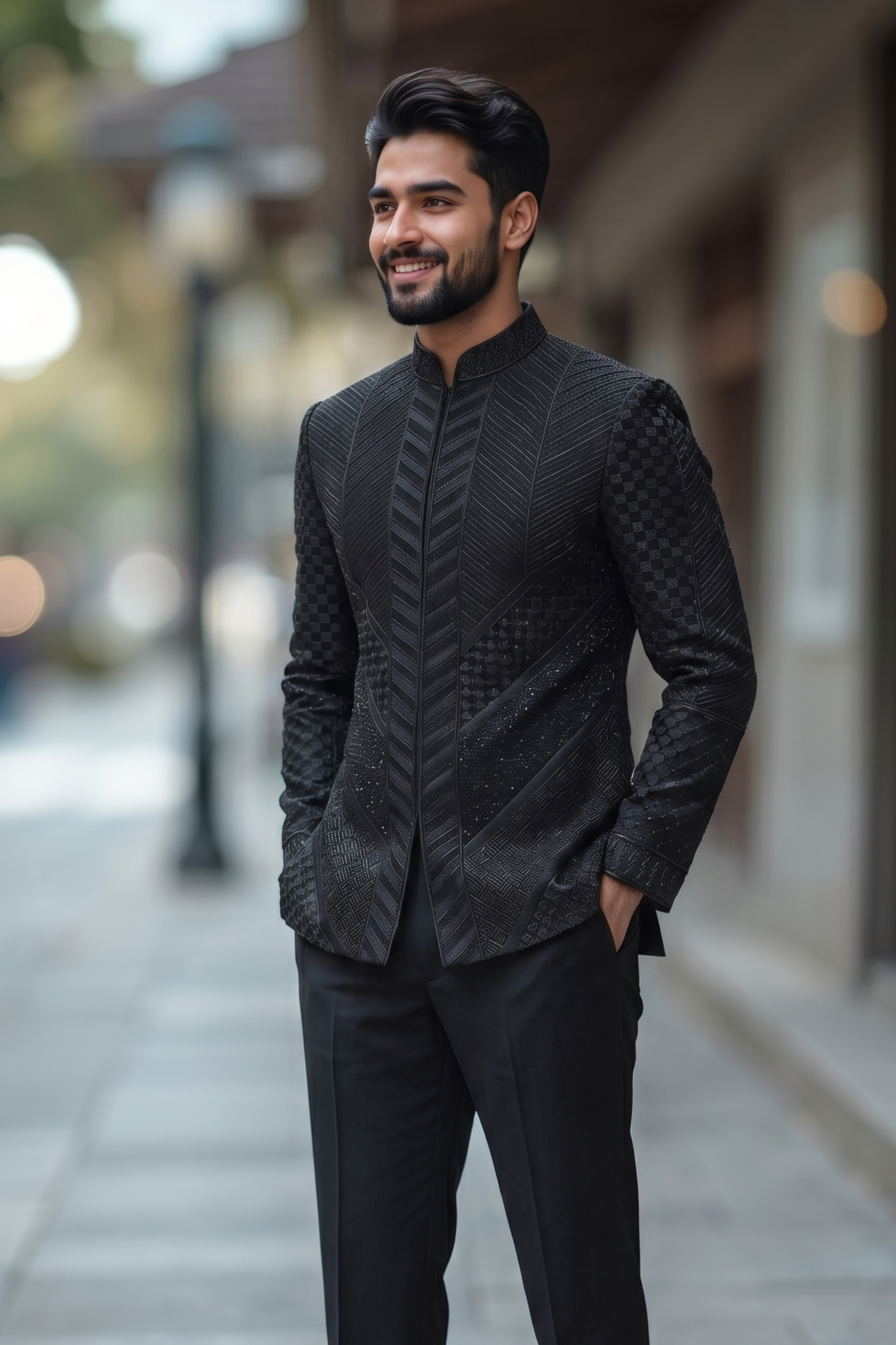 Midnight Black italian Chevron Textured Bandhgala