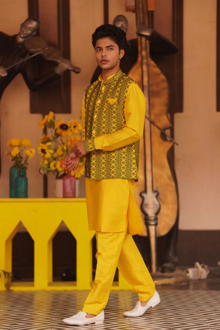 Sunshine Yellow Printed Nehru Jacket Kurta Set