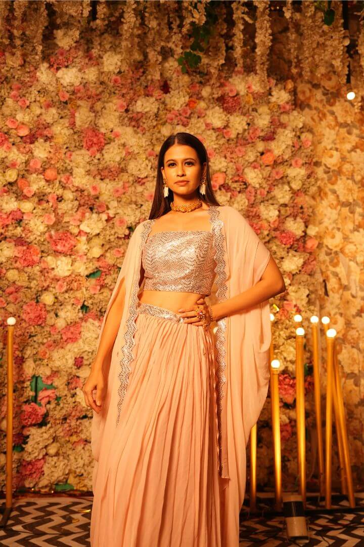 Peach Pink Embellished Crop Top & Skirt Set