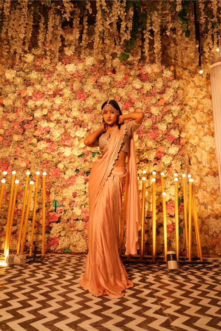 Peach Pink Draped Saree Gown