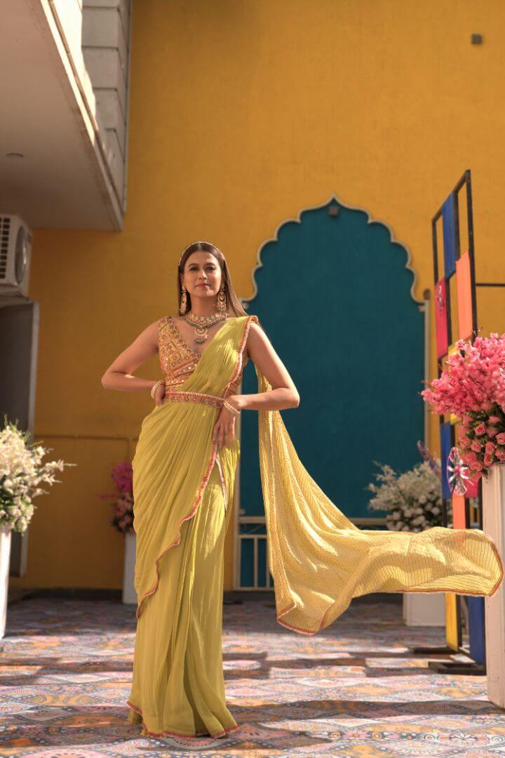 Lime Green Embellished Drape Saree