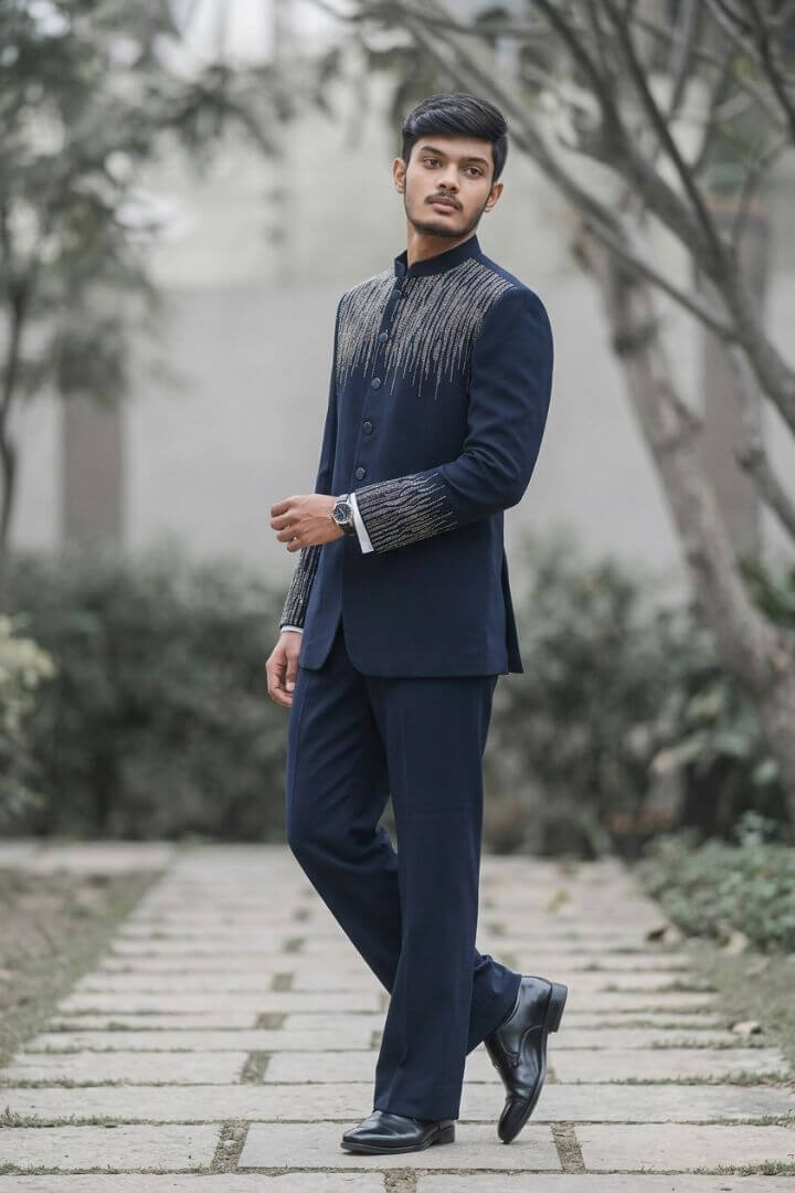 Midnight Blue Crystal Cascade Jodhpuri Suit