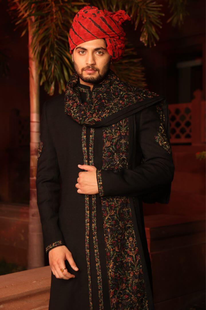 Black Heritage Sherwani Set with Kashmiri Pattern Stole