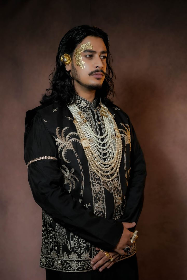 Midnight Black Embroidered Kurta Bundi Set