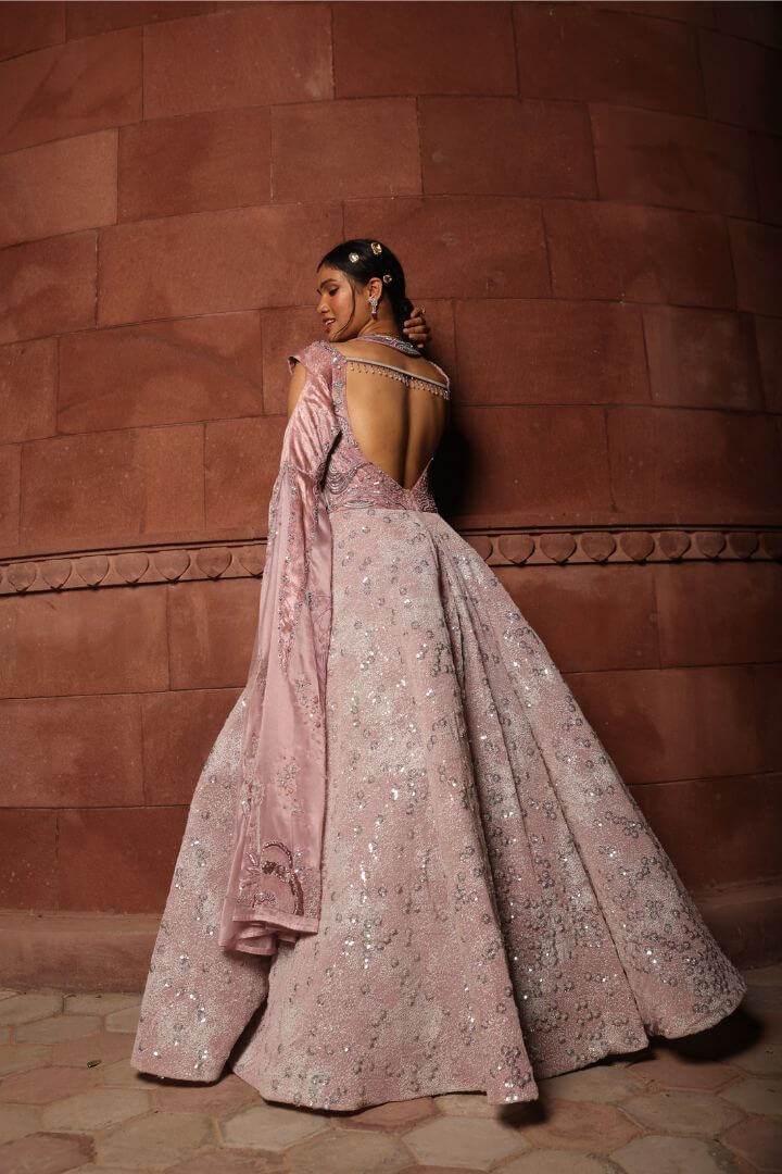 Rose Quartz Embellished Cape Gown
