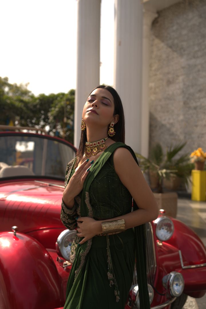 Emerald Green Embellished Drape Saree with Side Jacket