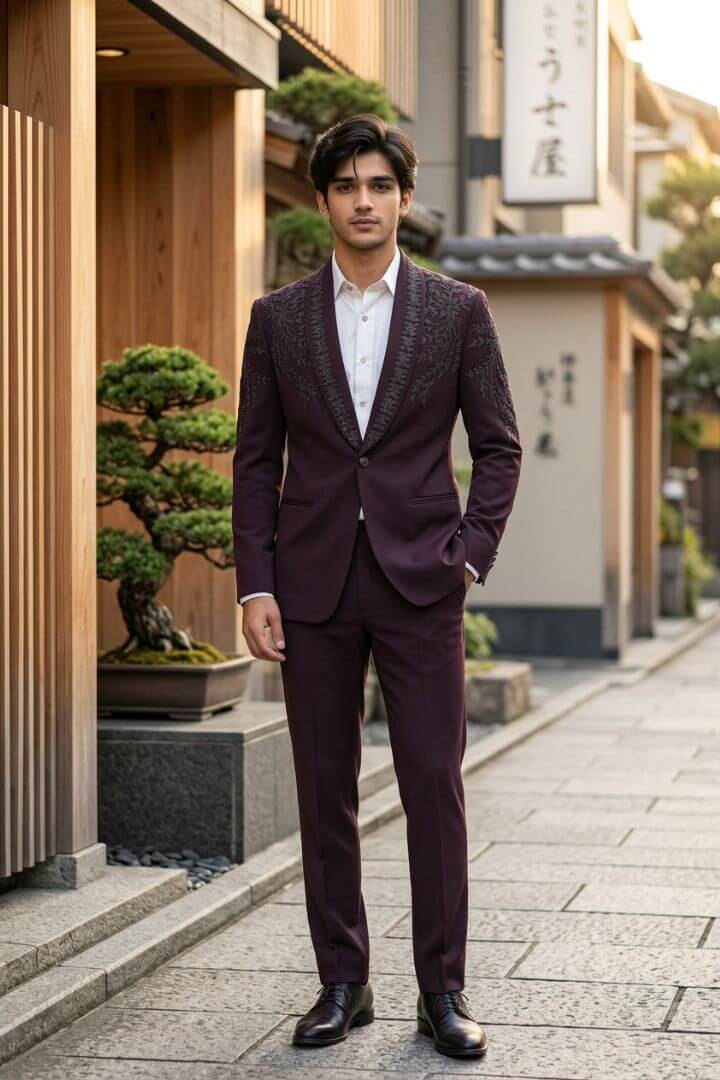 Deep Plum Floral Beaded Tuxedo Blazer