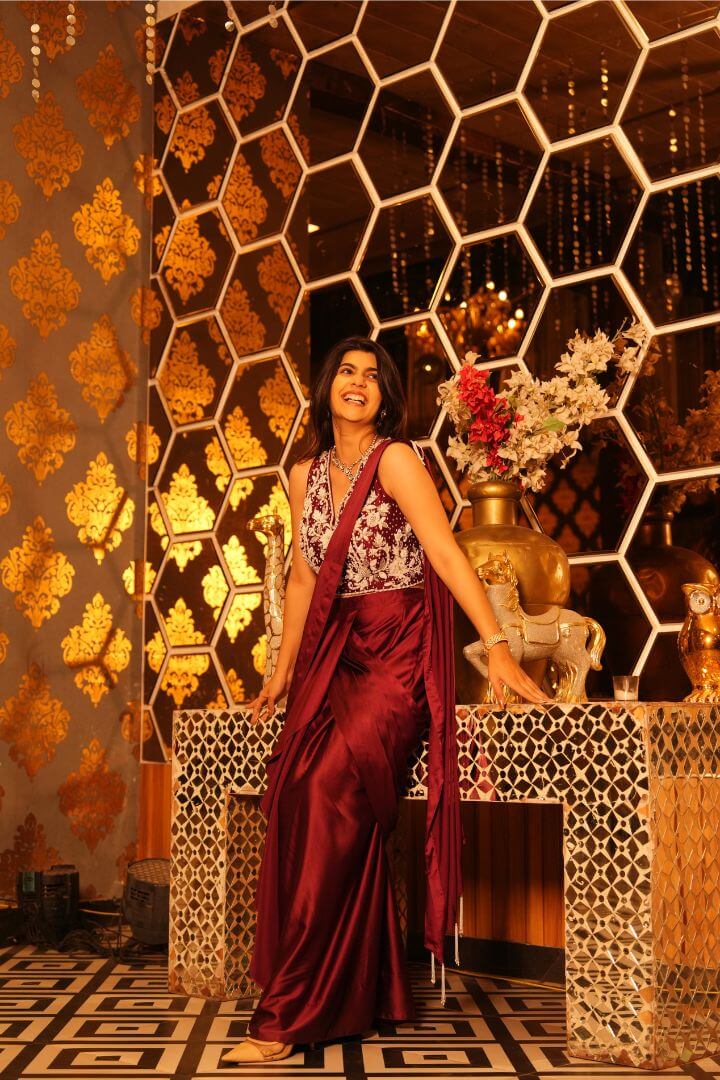 Burgundy Embellished Drape Saree