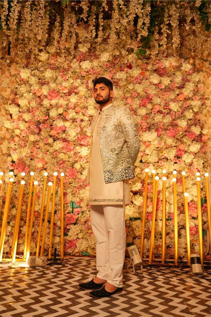Beige & Sage Green Embellished Bundi Jacket Set