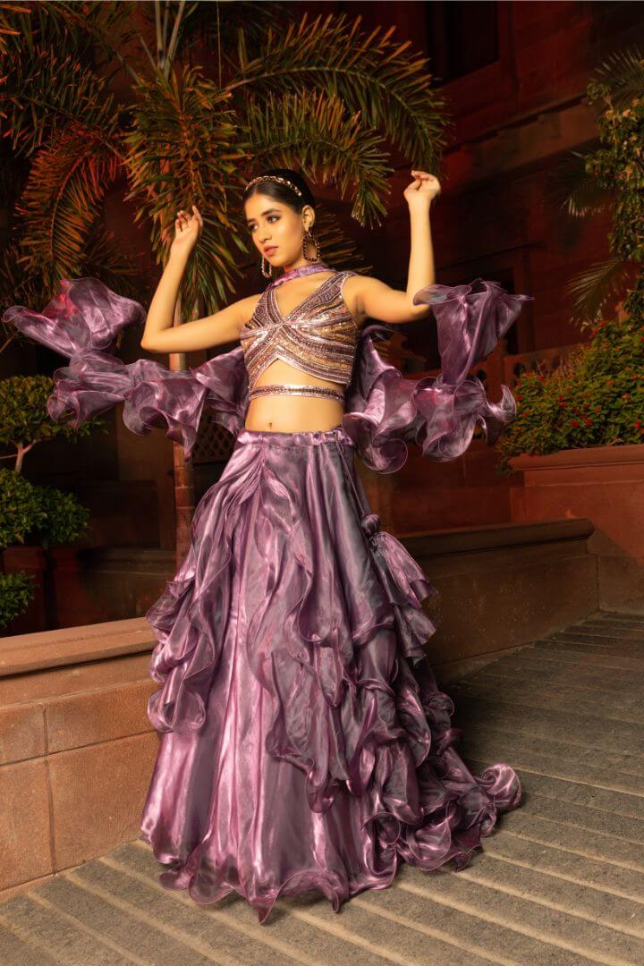 Metallic Mauve Ruffle Lehenga Set