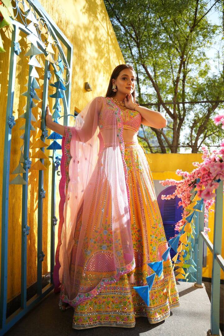 Pink Multicolor Mirror Work Lehenga Set