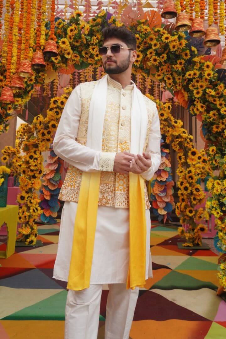 Ivory & Gold Embroidered Kurta Jacket Set