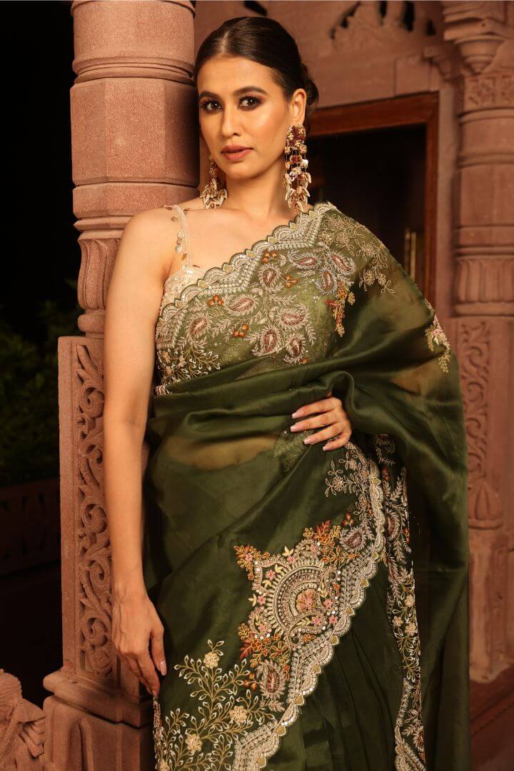 Olive Green Heritage Embellished Saree