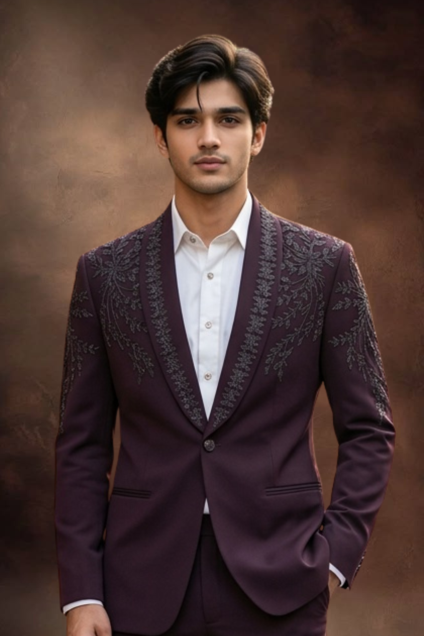 Deep Plum Floral Beaded Tuxedo Blazer