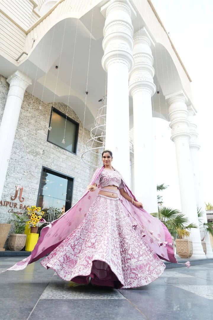 White & Lavender Embellished Party Lehenga Set