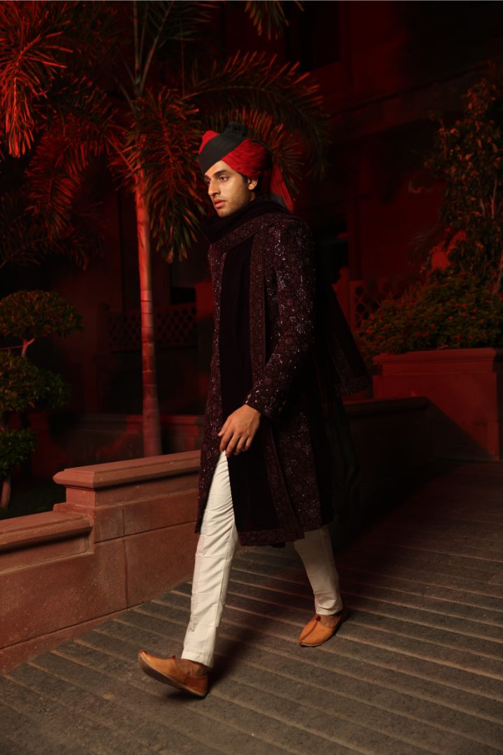 Regal Wine Velvet Sherwani Set