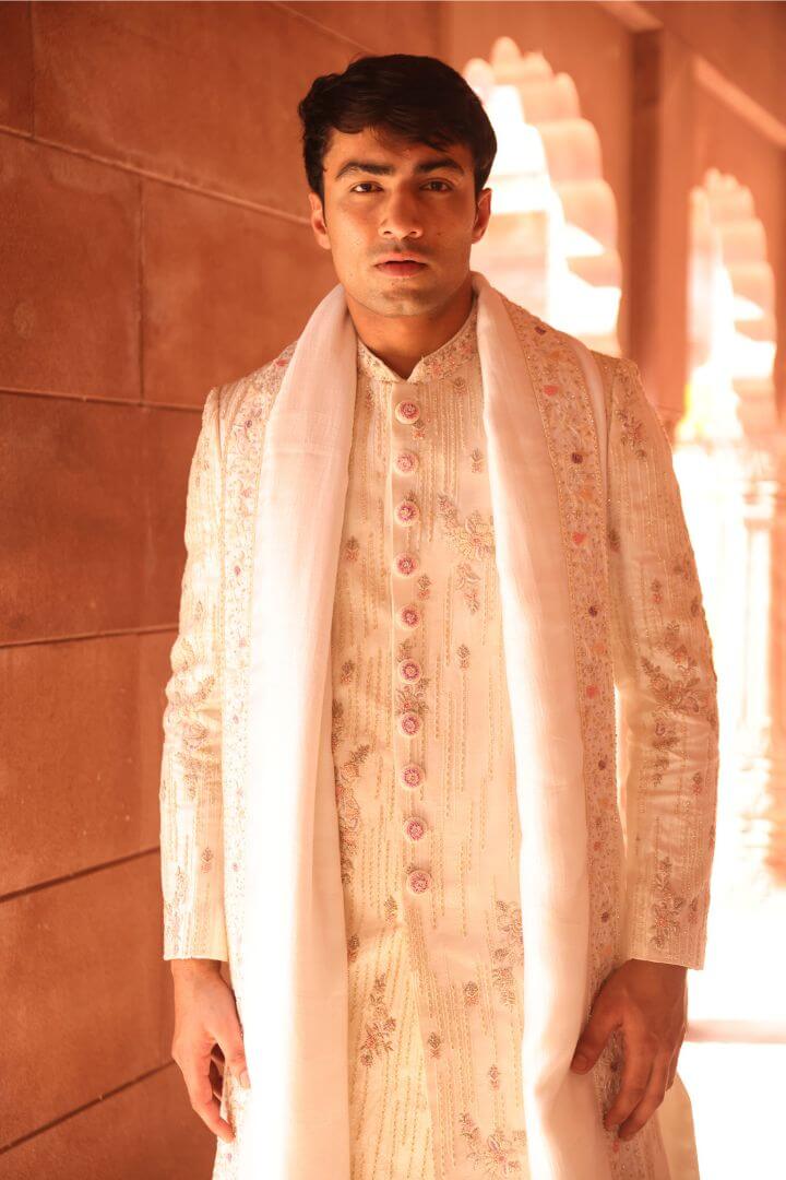 Ivory Floral Embroidered Sherwani Set with Stole