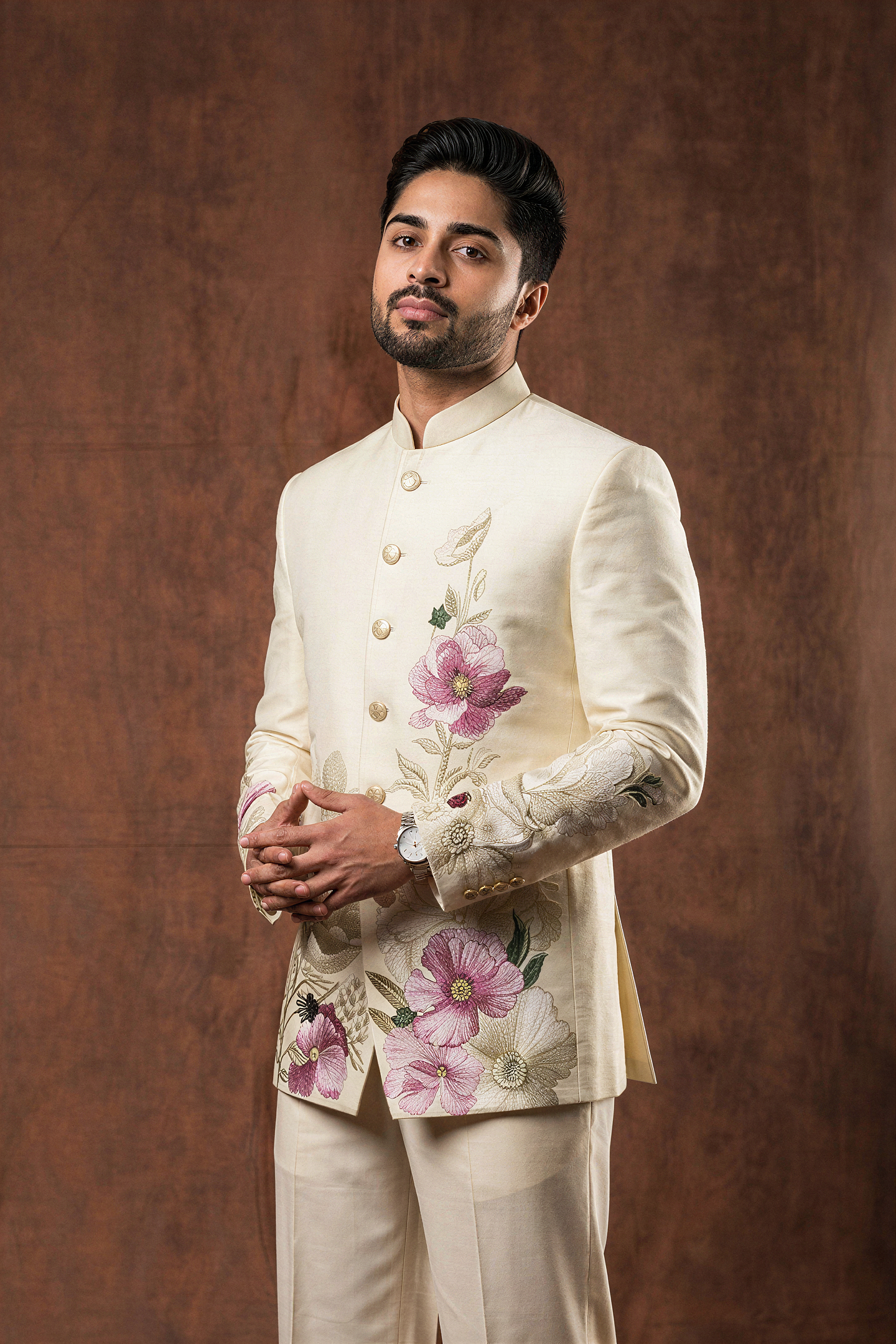 Ivory Floral Embroidered Bandhgala Suit