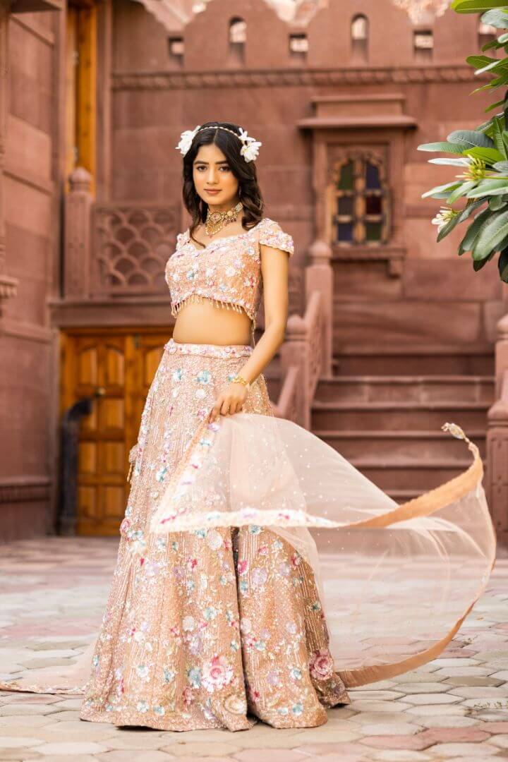 3D Floral Embroidery Pattern Party Lehenga