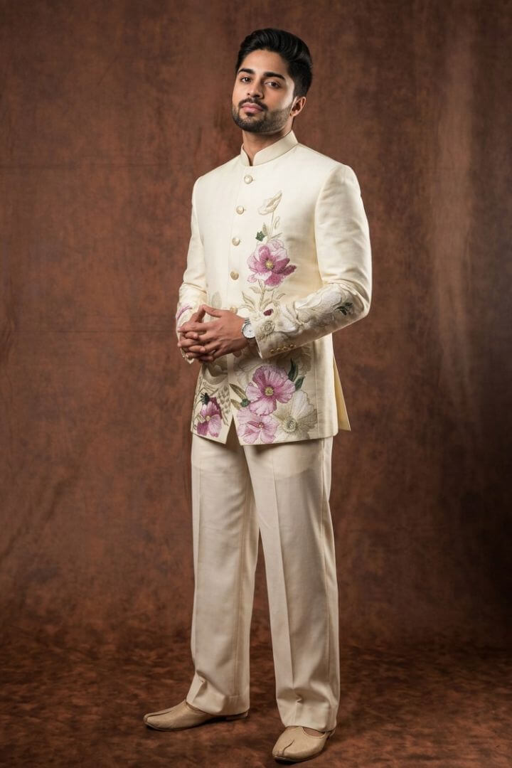 Ivory Floral Embroidered Bandhgala Suit