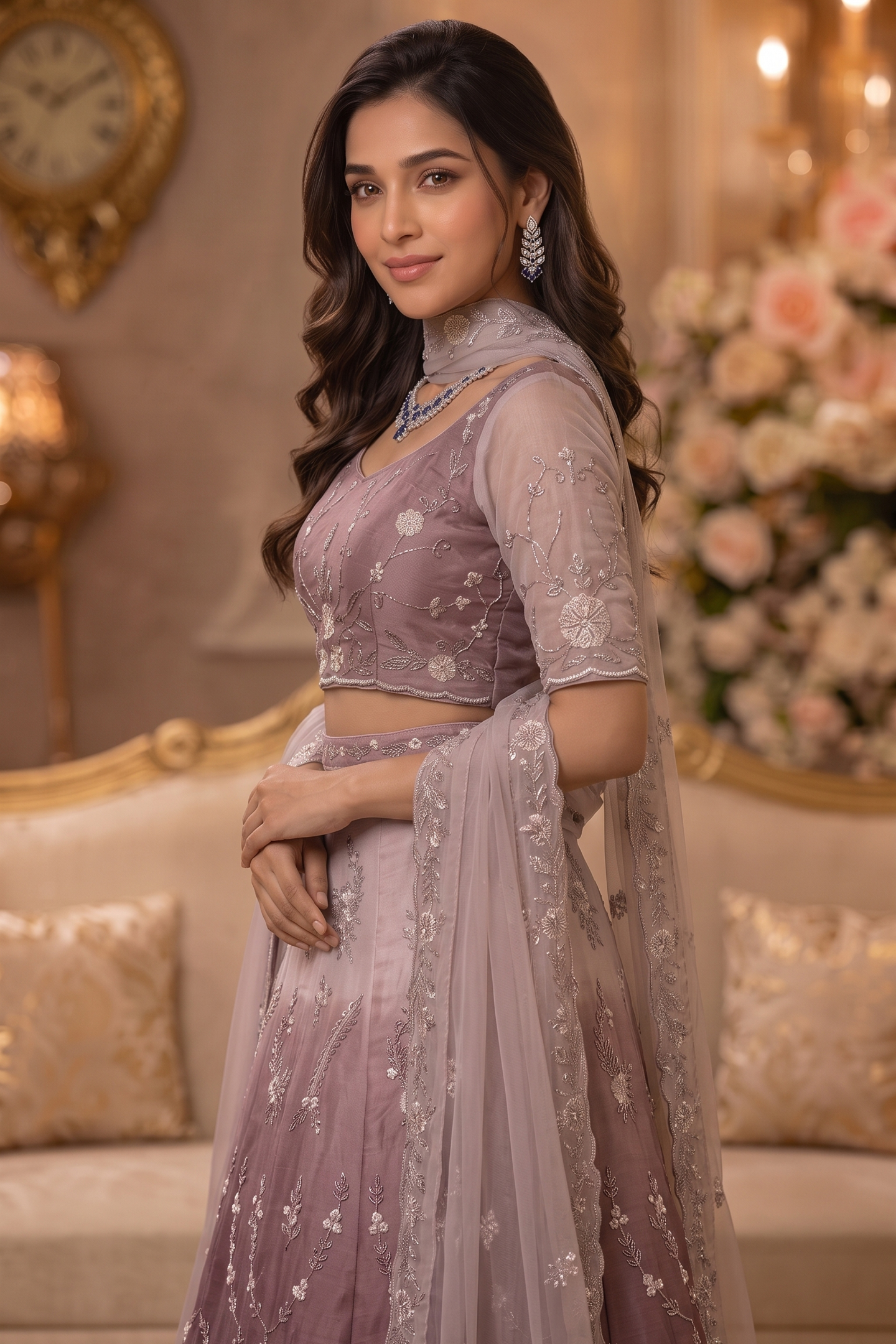 Dusty Rose Embellished Lehenga Set with Cape Dupatta