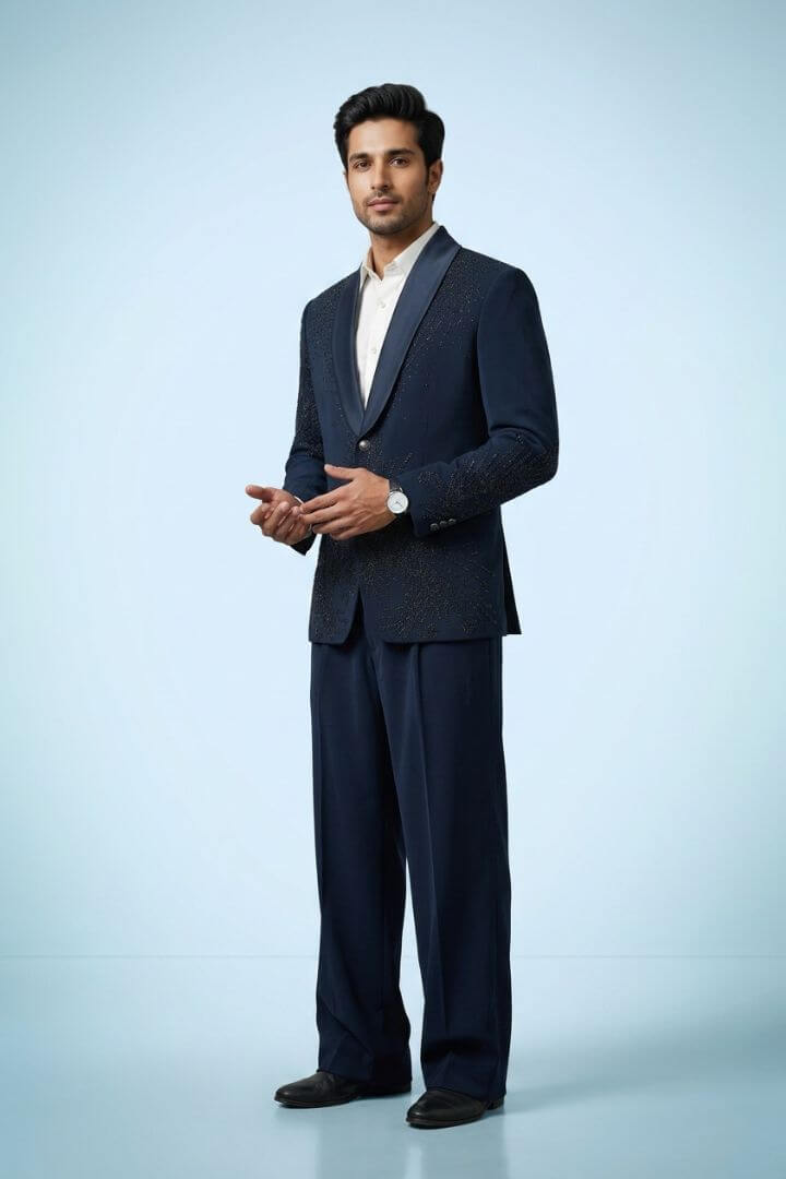 Midnight Blue Beaded Tuxedo Blazer