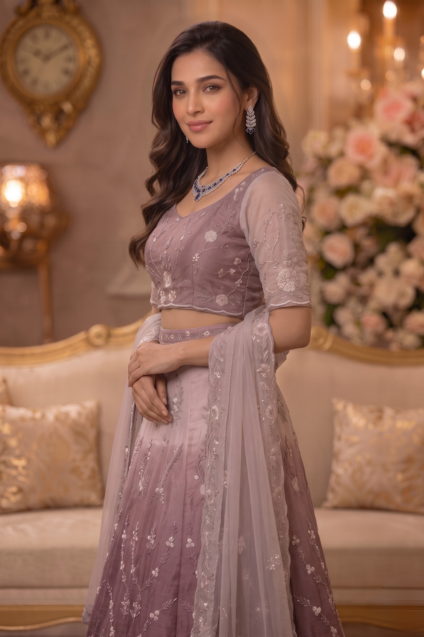 Dusty Rose Embellished Lehenga Set with Cape Dupatta