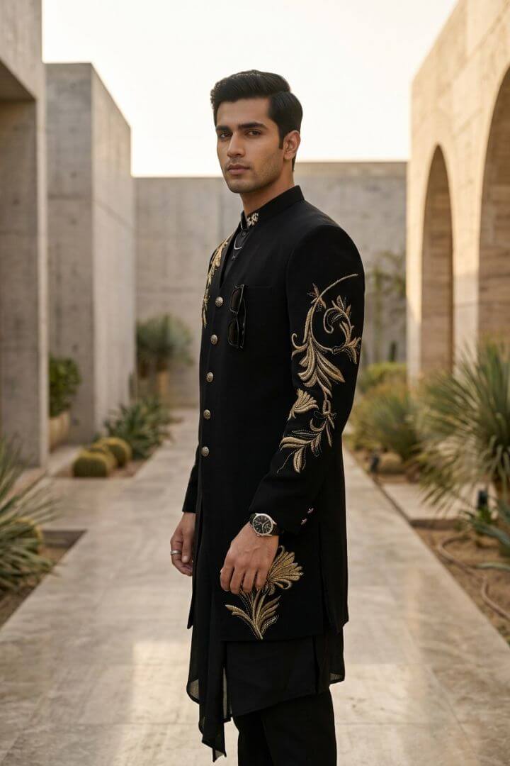 Black Royal Floral Embroidered Indo-Western