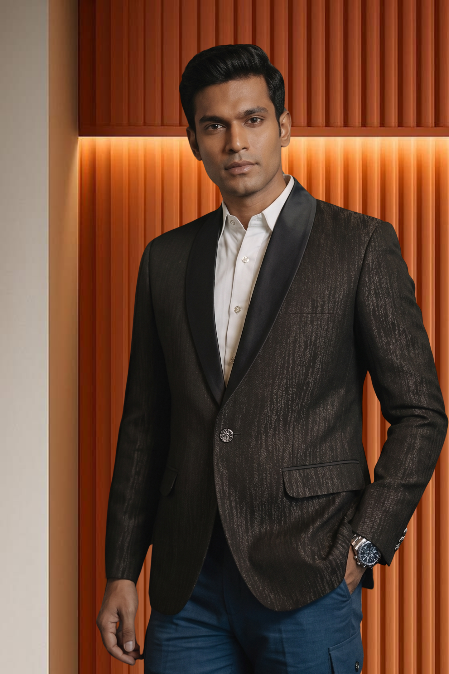 Charcoal Brown Textured Shawl Lapel Tuxedo