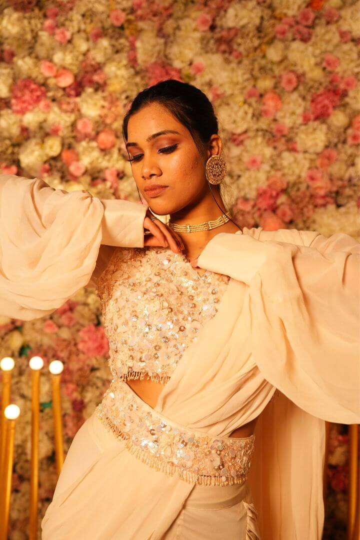 Ivory Embellished Drape Saree Gown