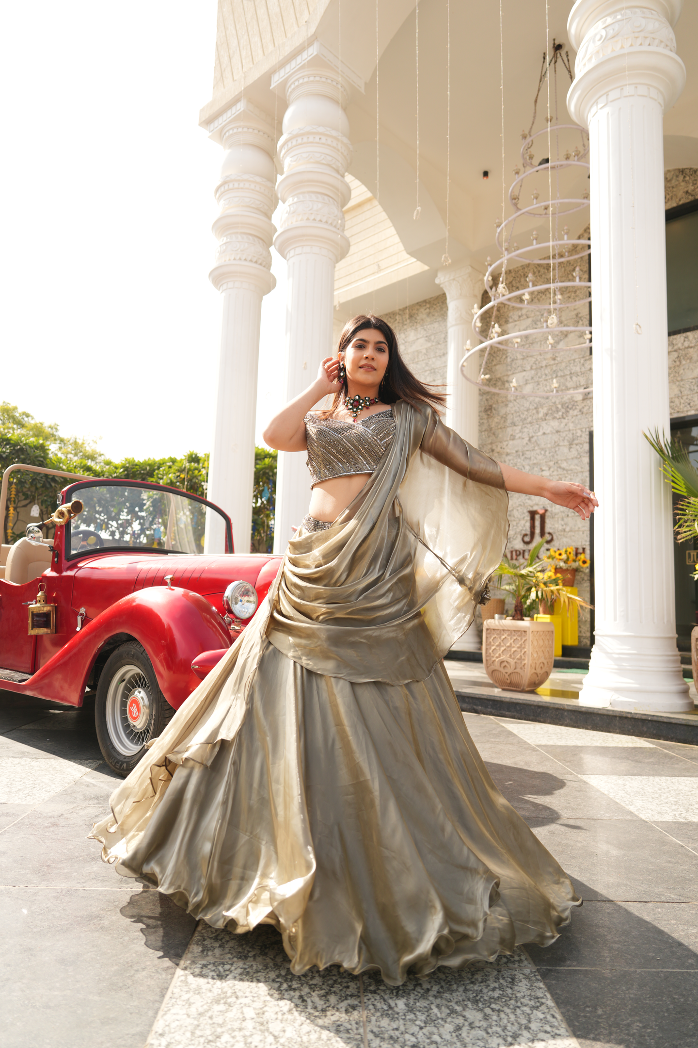 Silver Grey Embellished Crop Top, Skirt & Drape Set