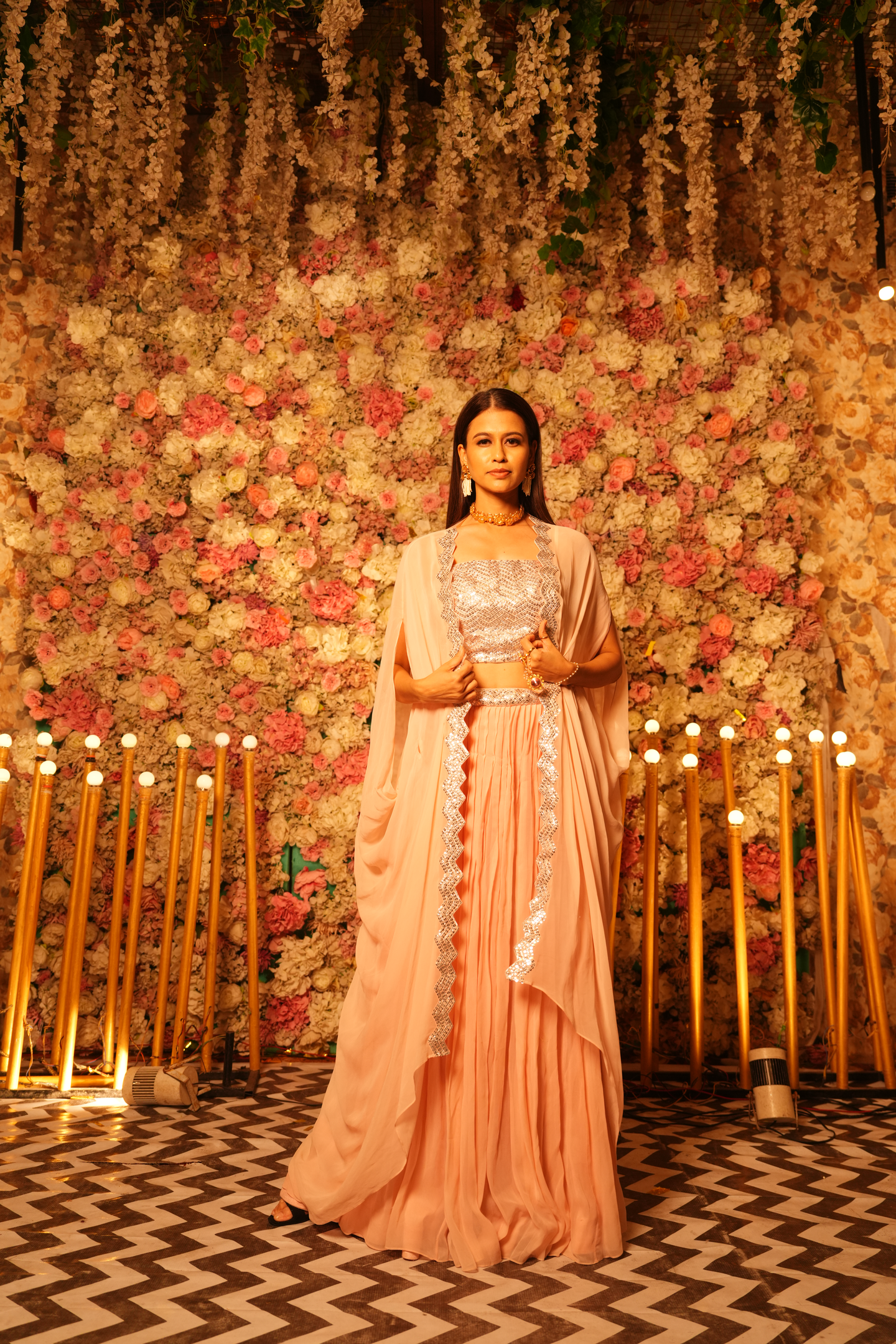 Peach Pink Embellished Crop Top & Skirt Set