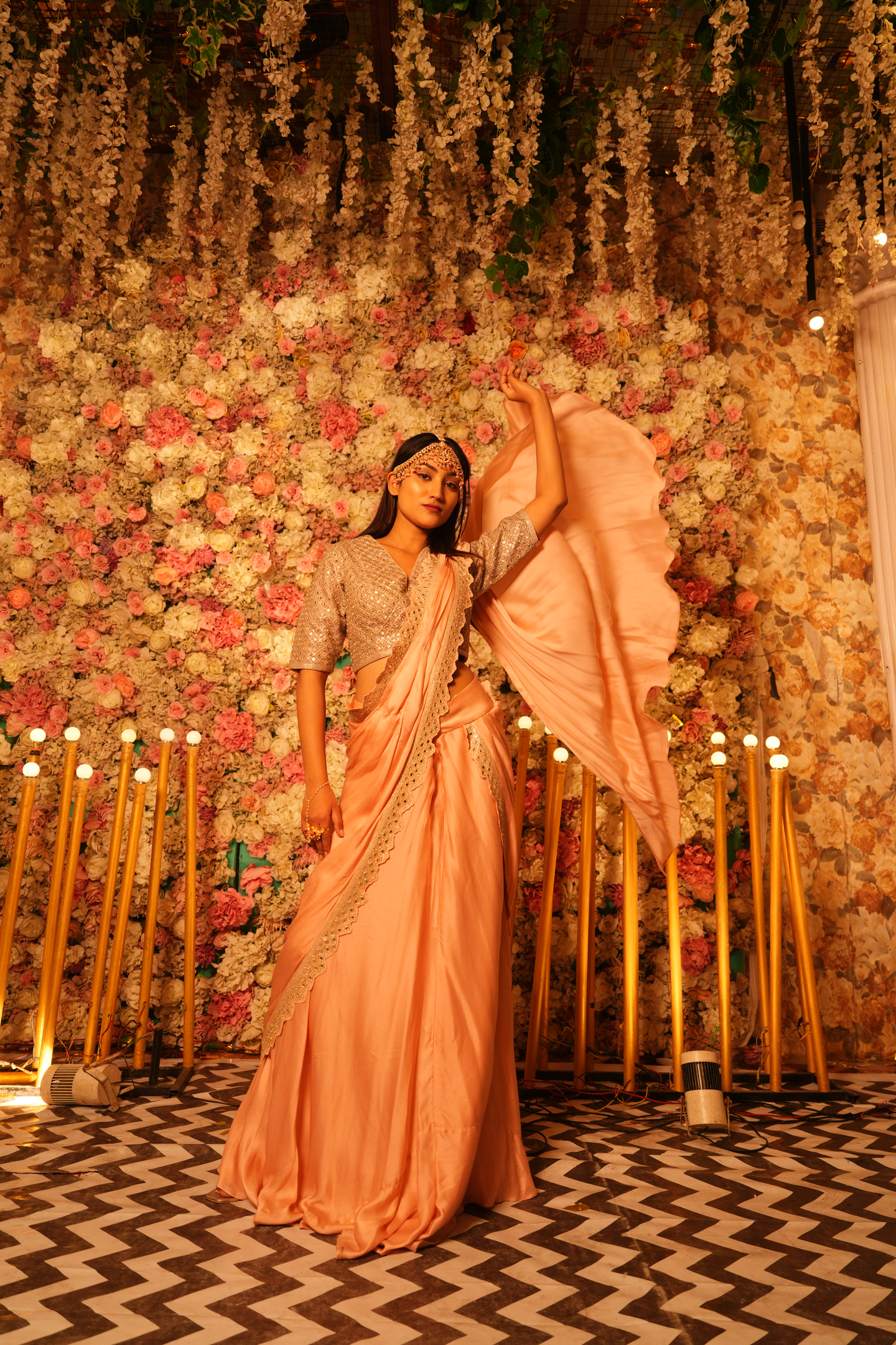 Peach Pink Draped Saree Gown