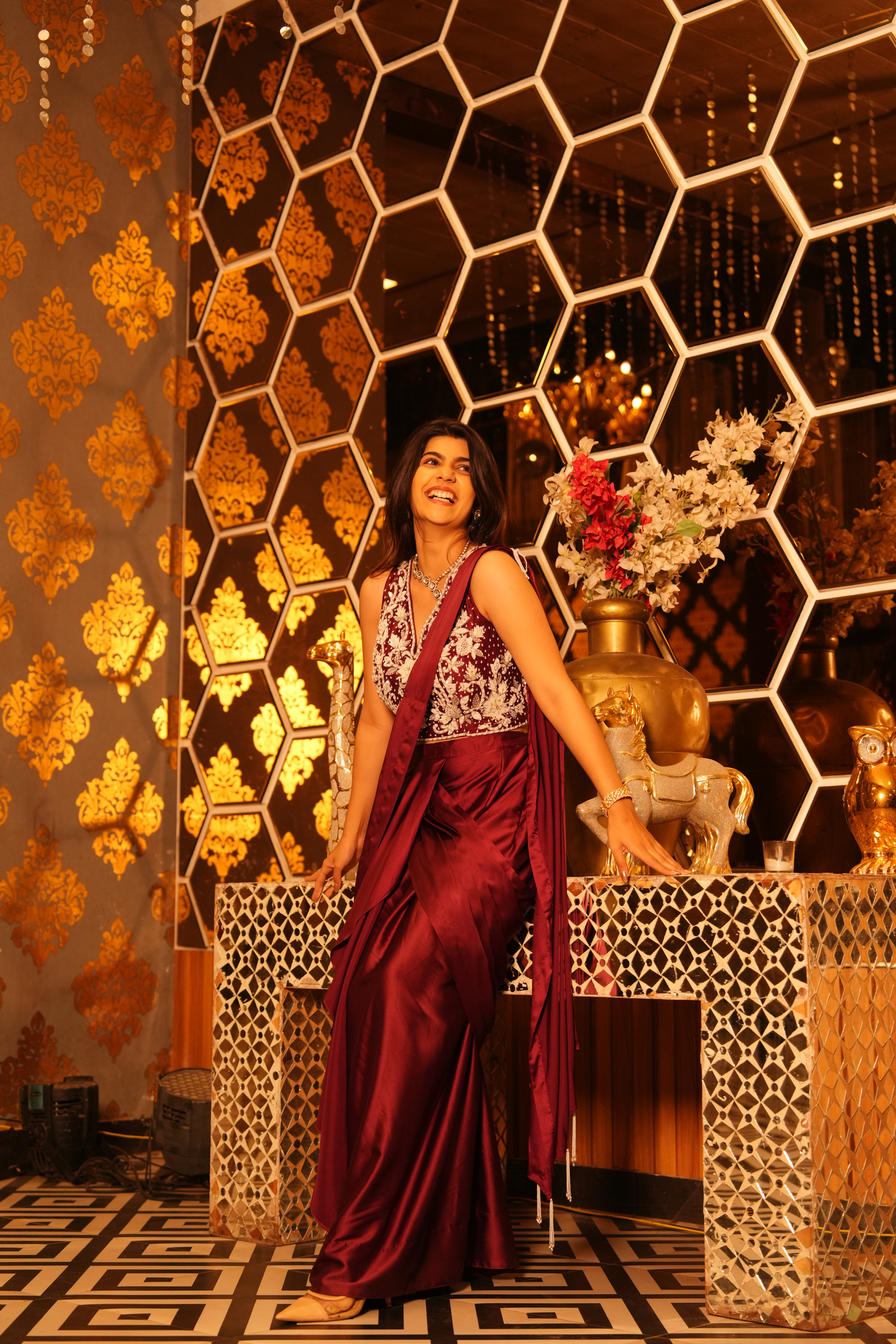 Burgundy Embellished Drape Saree