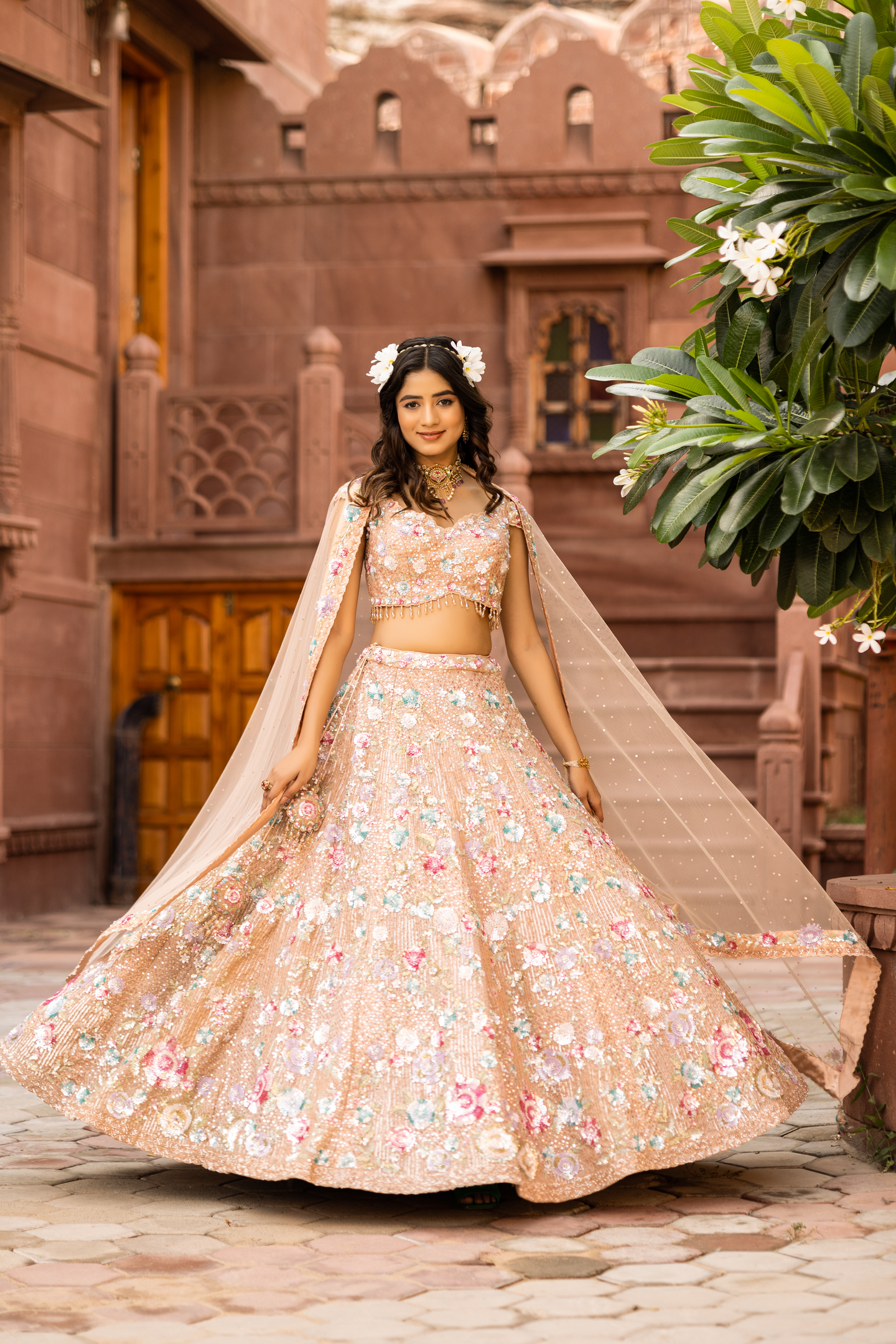 3D Floral Embroidery Pattern Party Lehenga