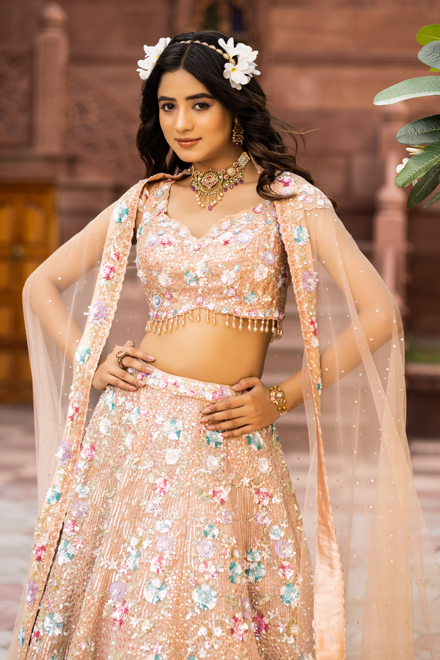 3D Floral Embroidery Pattern Party Lehenga