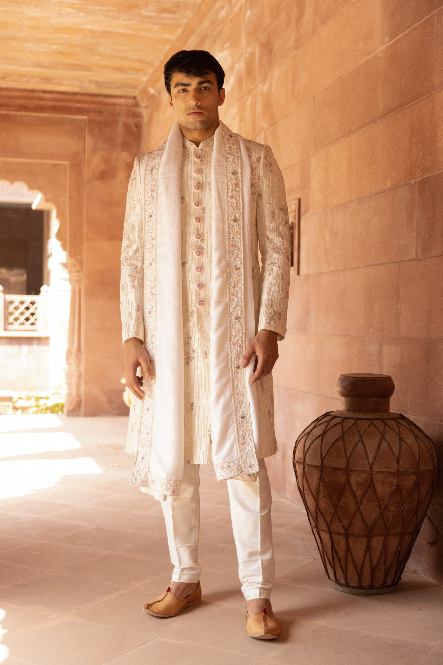 Ivory Floral Embroidered Sherwani Set with Stole