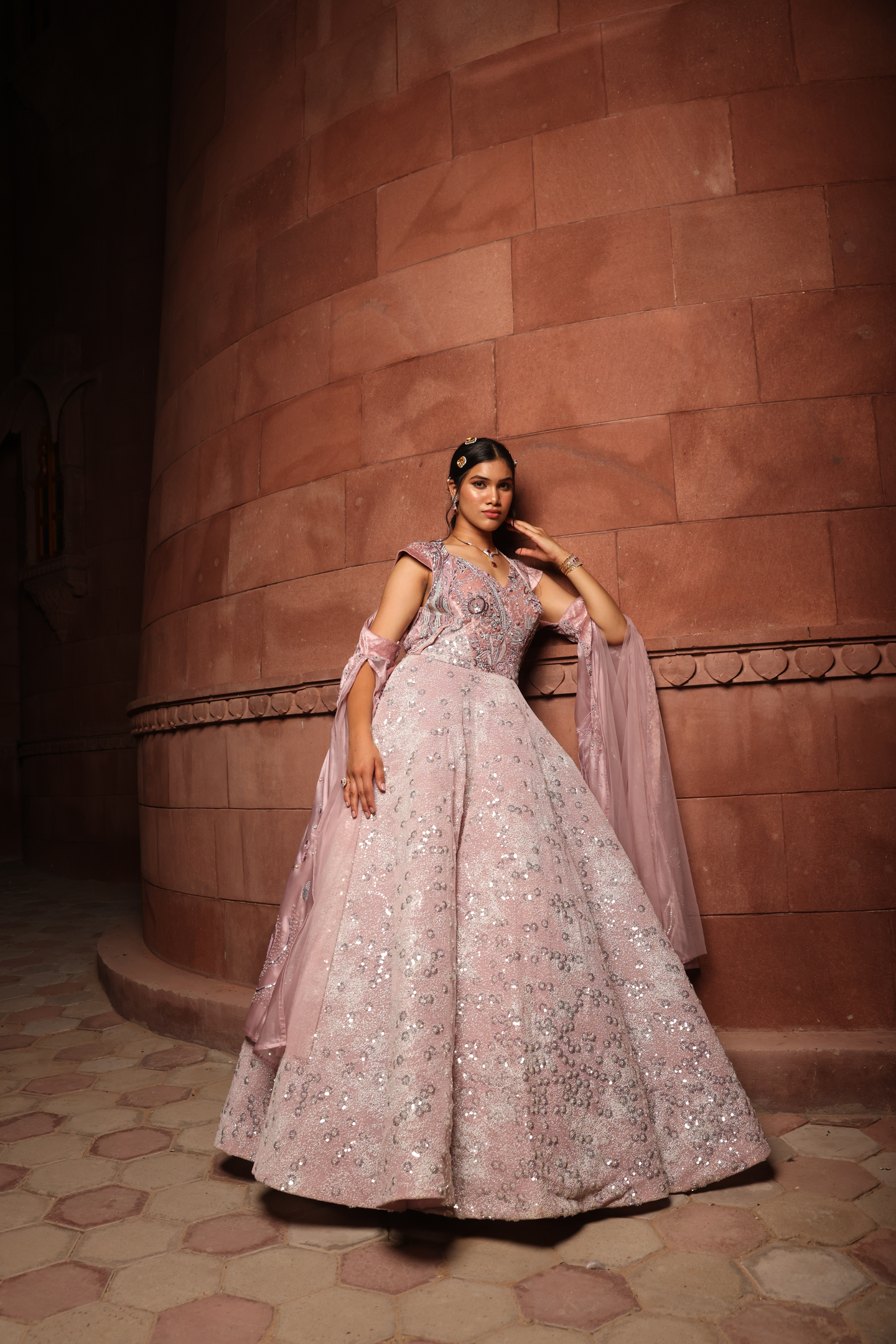 Rose Quartz Embellished Cape Gown