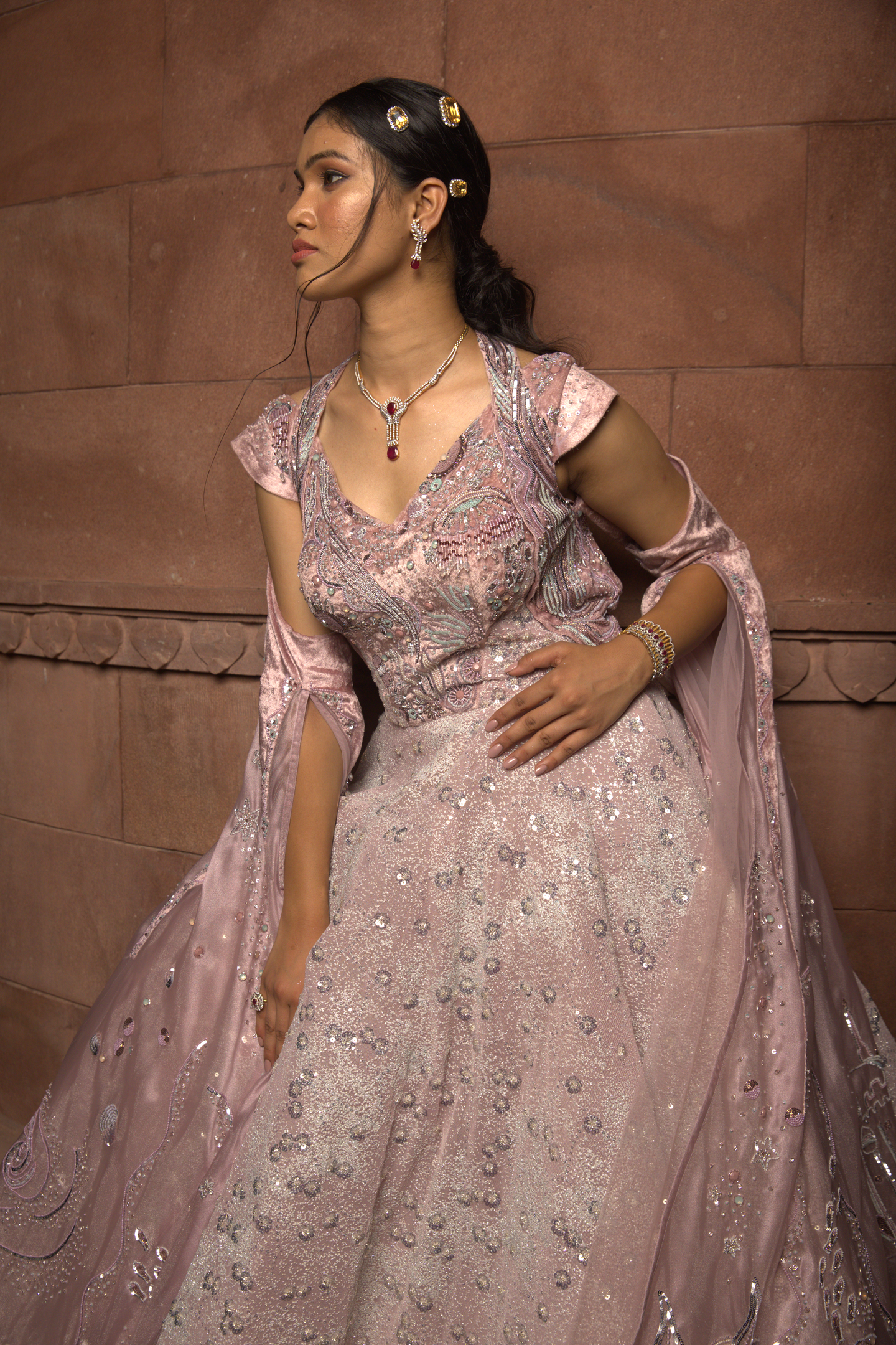 Rose Quartz Embellished Cape Gown