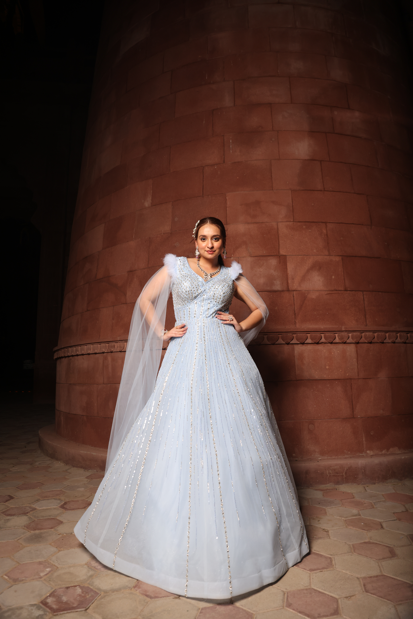 Ice Blue Crystal Embellished Cape Gown