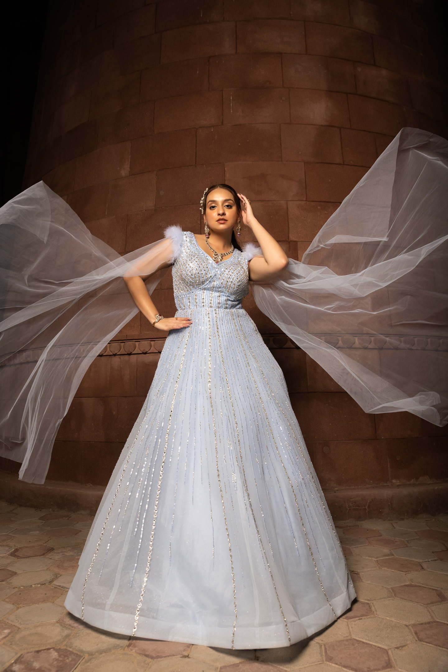 Ice Blue Crystal Embellished Cape Gown
