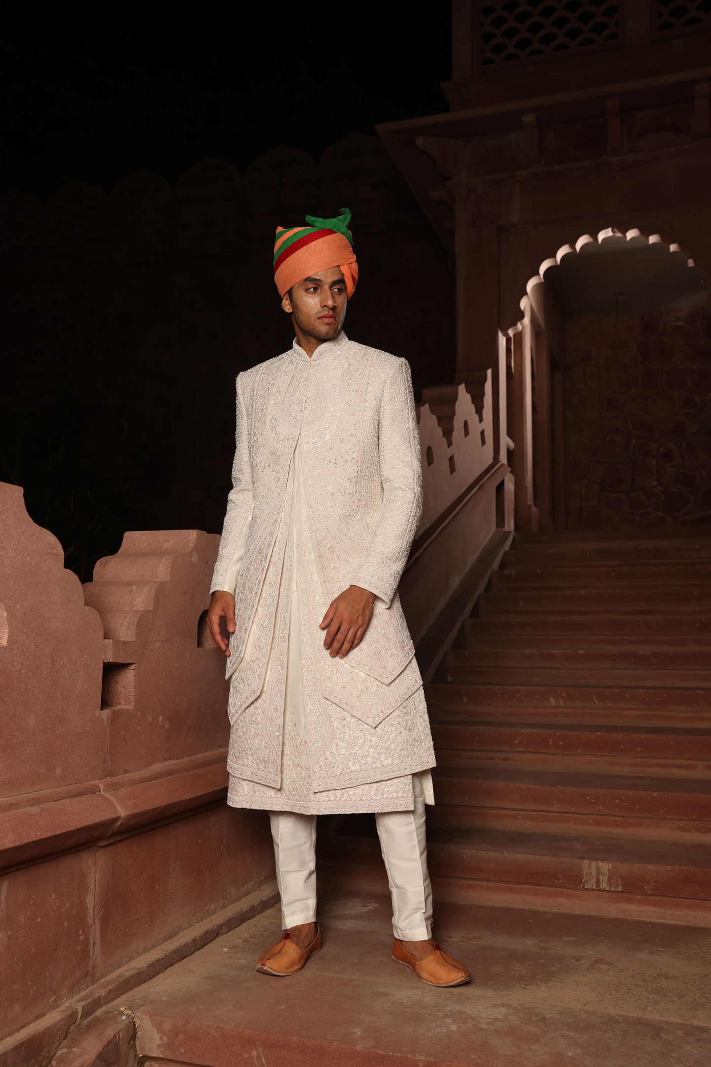Royal Ivory Powder Pink Embellished Sherwani Set