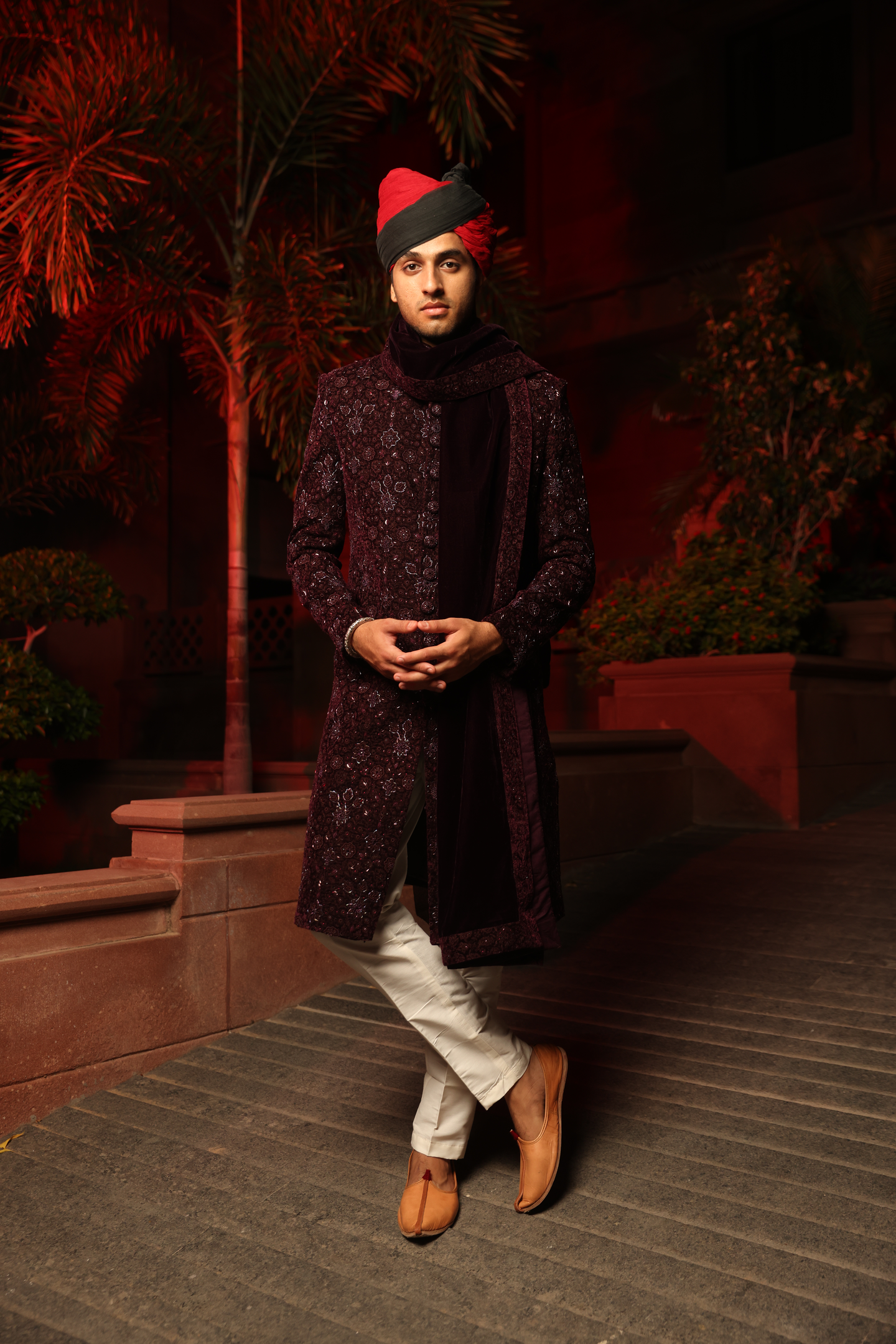 Regal Wine Velvet Sherwani Set